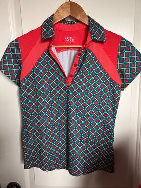 Bette Court Geometric Print Polo in Teal & Coral, golf shirt